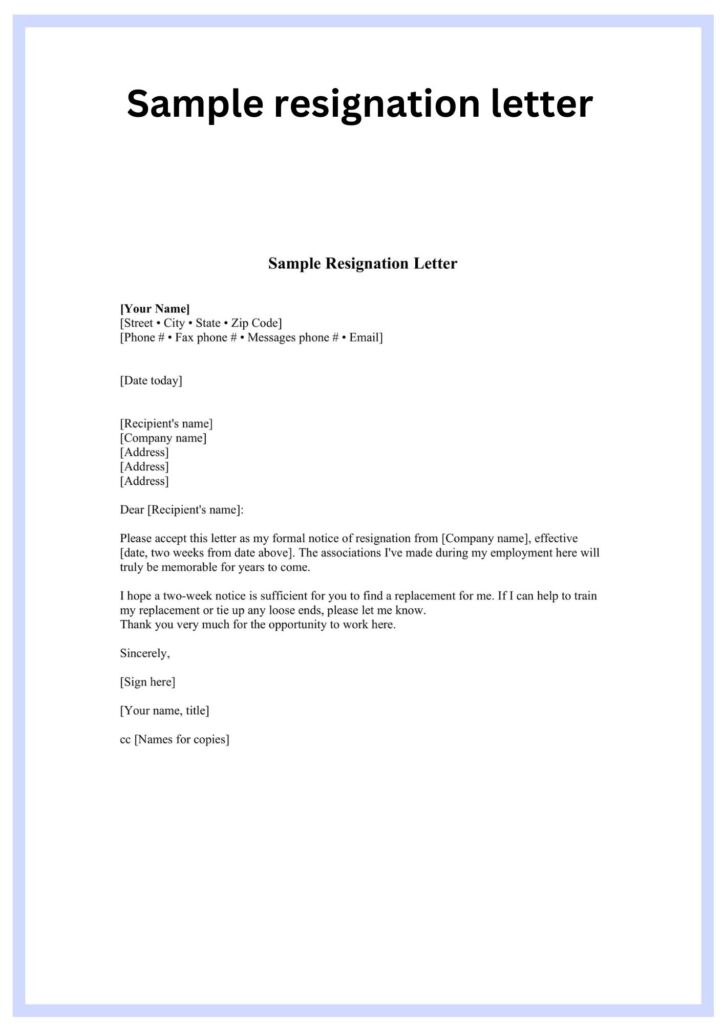 Sample Printable Resignation Letter Forms Template 2023
